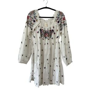 Maeve Embroidered Tiered Mini Dress Women Small White Boho Long Sleeve Lace